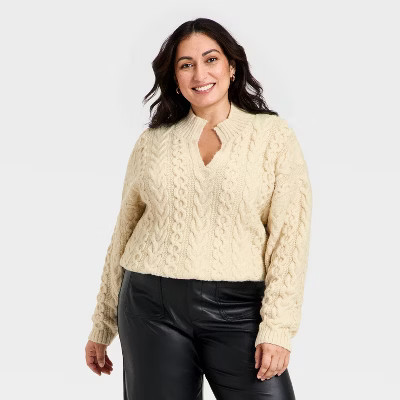 Women's Turnover Neck Cable Knit Pullover Sweater - A New Day™ Cream 2X | Target
