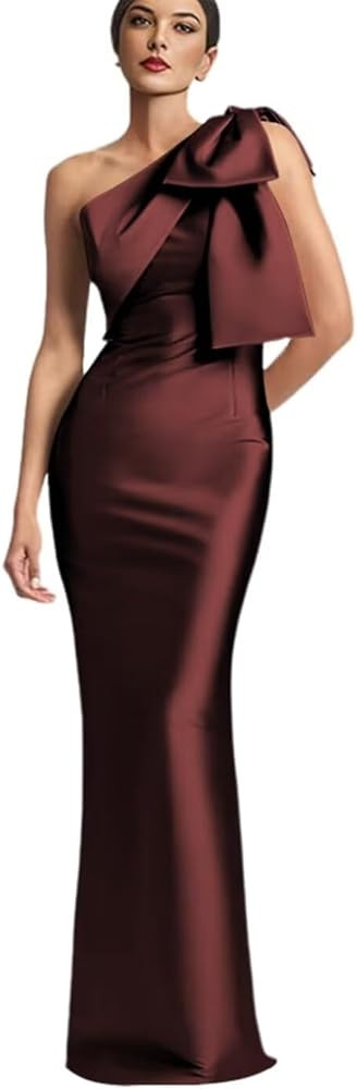 One Shoulder Bridesmaid Dresses with Bow Satin Long Sheath/Column Formal Gown DL11 | Amazon (US)