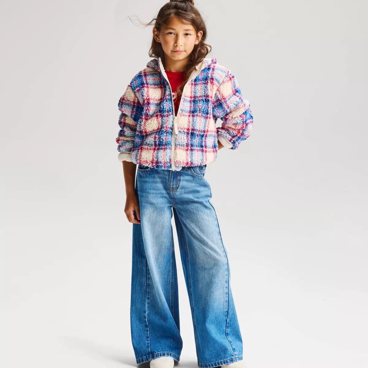 Girls' Plaid Faux Shearling Jacket - Cat & Jack\u2122 Sand/Blue XS | Target