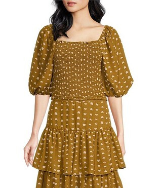 Chiffon Dotted Print Square Neck Short Puff Sleeve Coordinating Cropped Top | Dillard's