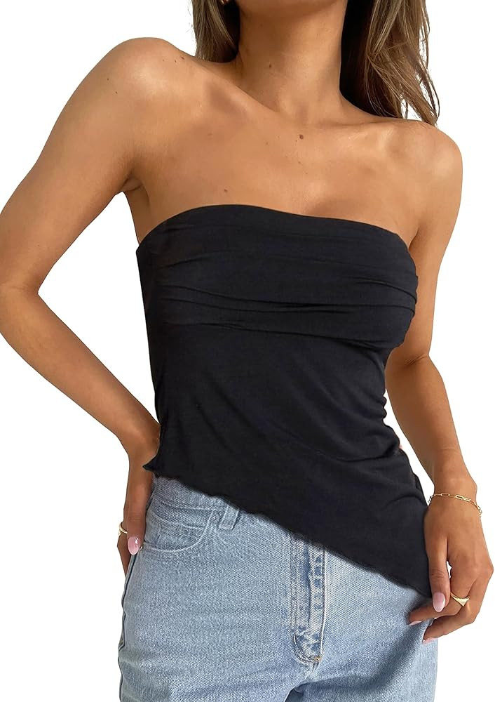 Asymmetrical Tops for Women Ruched Side Long Tube Top Strapless Bandeau Top Summer Going Out Back... | Amazon (US)