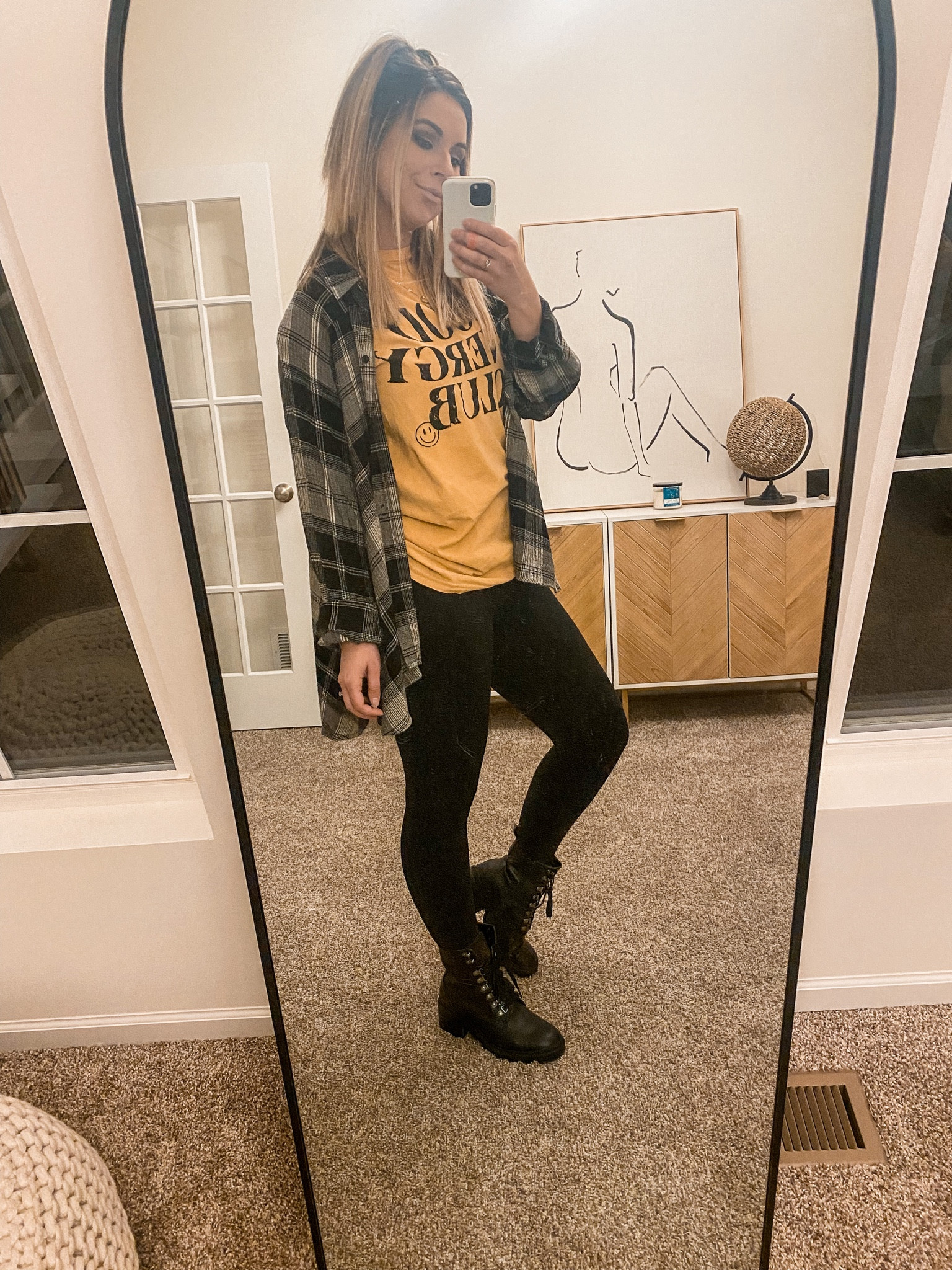 Good energy club graphic tee! Paired with my favorite Amazon leggings and BGD flannel. 

Graphic tee: M TTS
Leggings: S TTS (I own both small and medium in these leggings and I like them both!) 

#LTKstyletip #LTKunder50