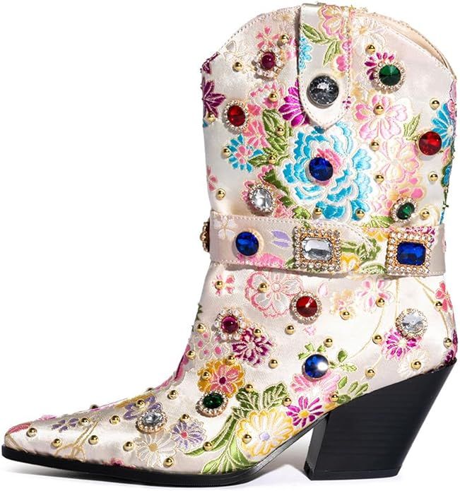 Yishaweiqi Floral Embroidered Diamonds Cowboy Boots for Women Rhinestone Short Cowgirl boots Sati... | Amazon (US)