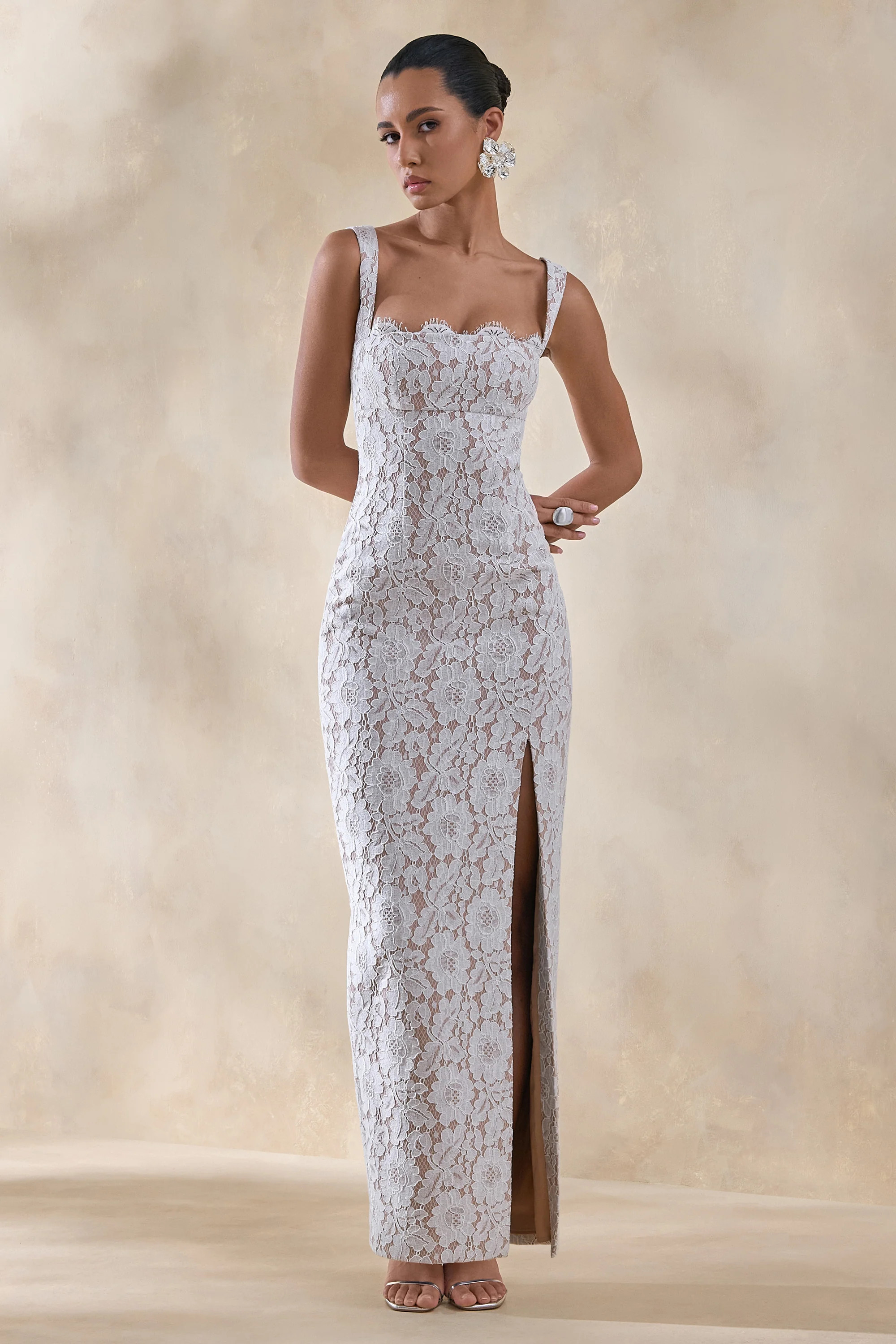 Zarisse | White Lace Square-Neck Maxi Dress | Club L London