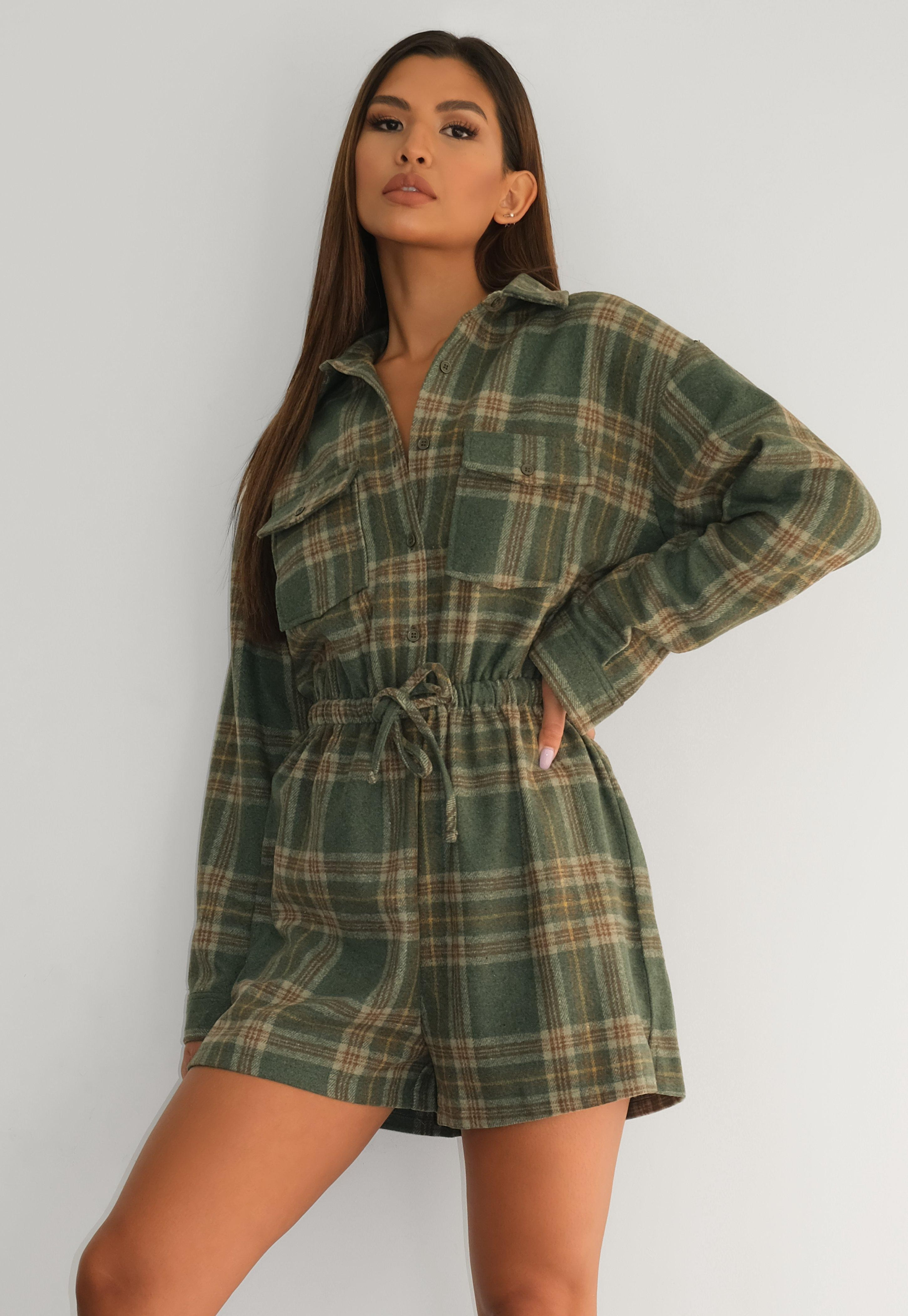 Green Brushed Flannel Drawstring Romper | Missguided (US & CA)