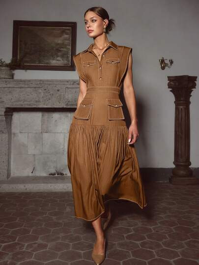 Womens Denim Edfect Sleeveless Pleated Dress | SHEIN