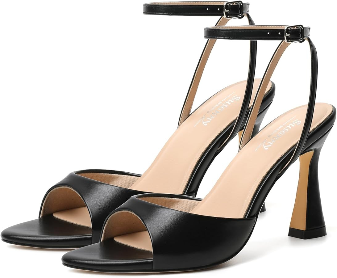 Susanny High Heels for Women Pointed Open Toe Strappy Chunky Block Heels Ankle Strap Stiletto Kit... | Amazon (US)