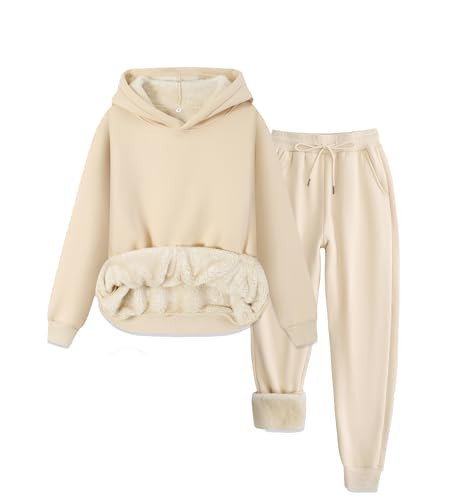 Colorful world Fleece Lined Lounge Sets for Women 2 Piece Outfits Tracksuit Pullover Crew Neck Tops Sweatpants Sweatsuits(Apricot-Hoodie,L) | Amazon (US)
