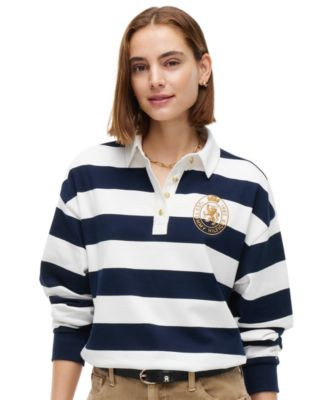 Tommy Hilfiger Women's Long-Sleeve Rugby Polo Sweatshirt - Rugby Stripe Dark Blue / Ecru | Macy's