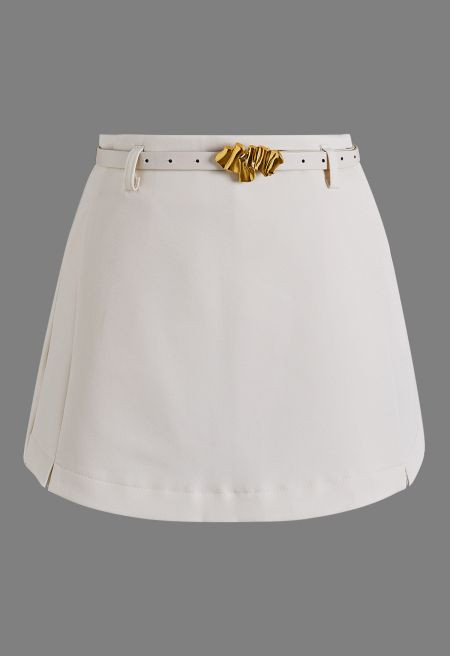 Golden Buckle Belt Side Pockets Mini Skorts in Ivory for Vacation & Chic Weekends | Chicwish