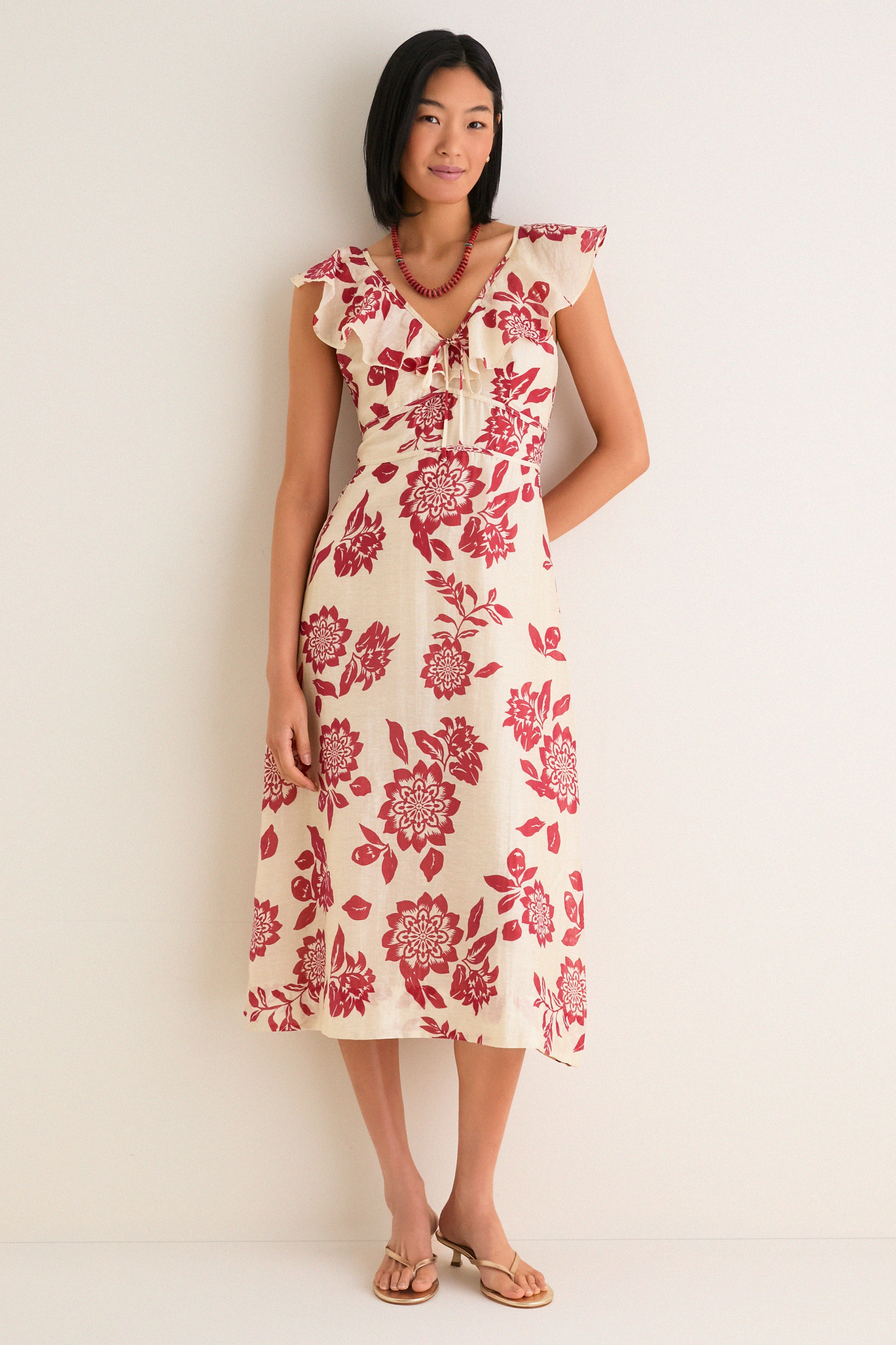 Cream and Red Jacqueline Flutter Sleeve Midi Dress | Tuckernuck (US)