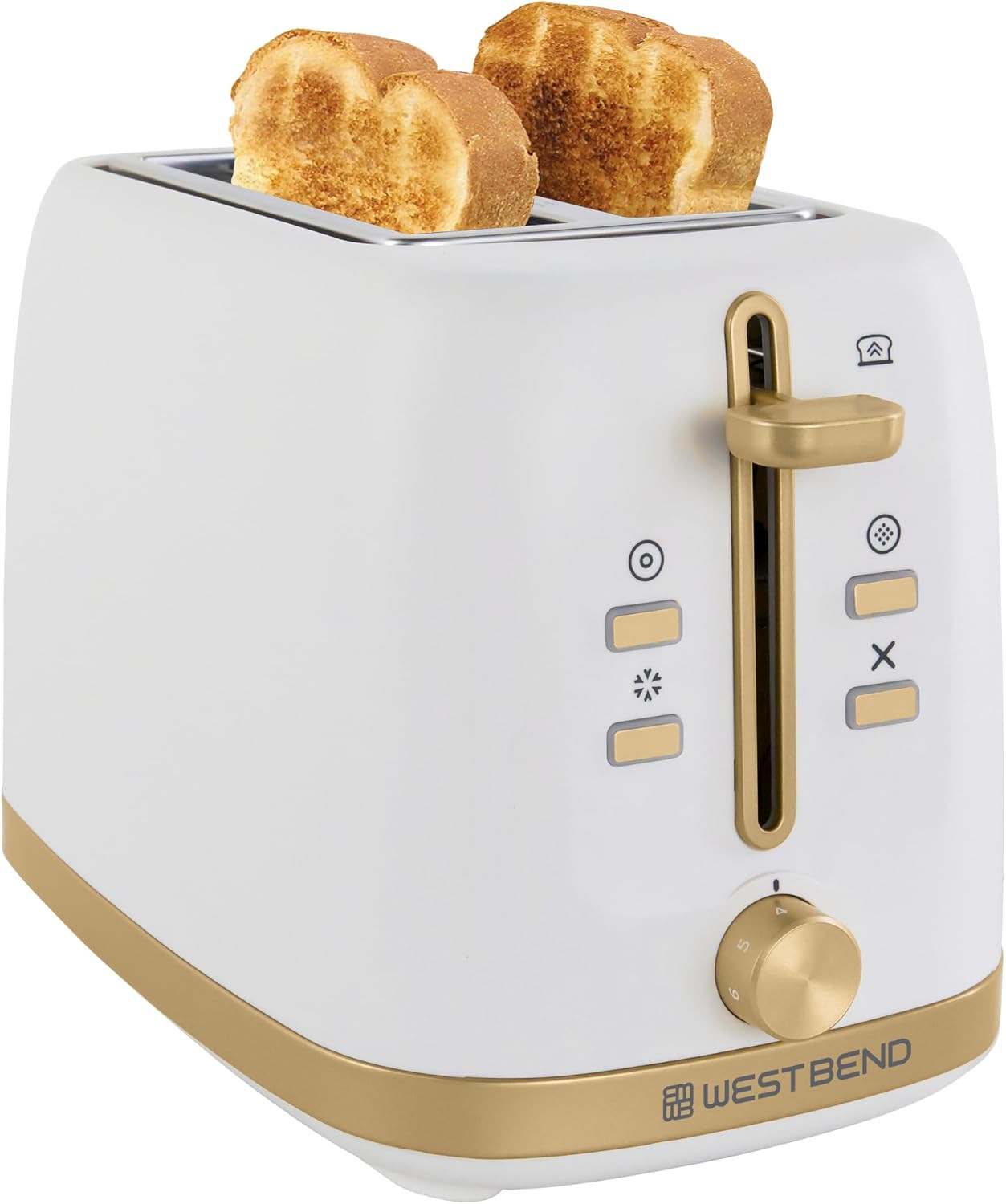 West Bend Timeless 2-Slice Toaster with 7 Browning Levels, Bagel/Waffle/Defrost Settings, High-Lift Lever, Anti-Jam, Easy-Clean Crumb Tray, 2-Slice, White/Gold | Amazon (US)