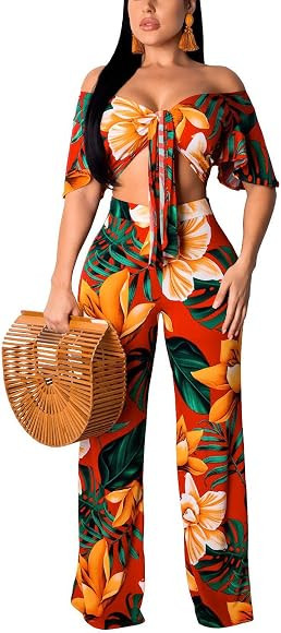 Women's Elegant Two Piece Outfits Sexy V Neck Off Shoulder Long Straight Pants Floral Jumpsuits | Amazon (US)