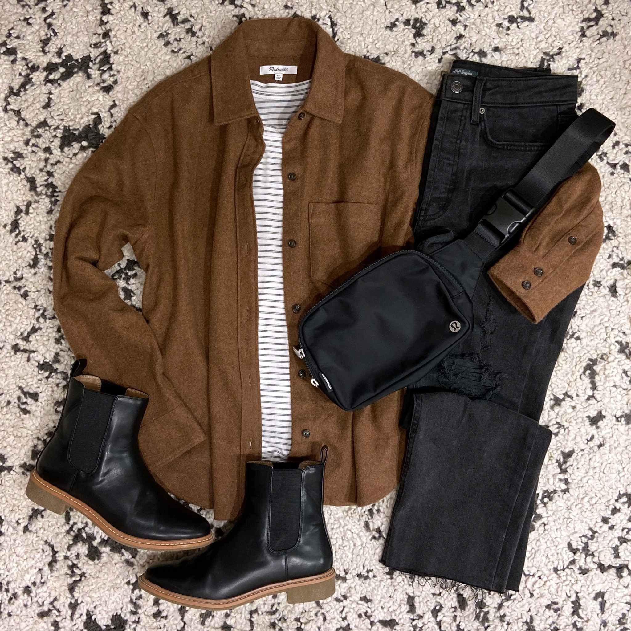 Madewell: 50% off with code ITSAWRAP
Brown Flannel Shirt, Striped Tee, Black Straight Leg Jeans, Black Chelsea Boots

#LTKstyletip #LTKunder100 #LTKSeasonal