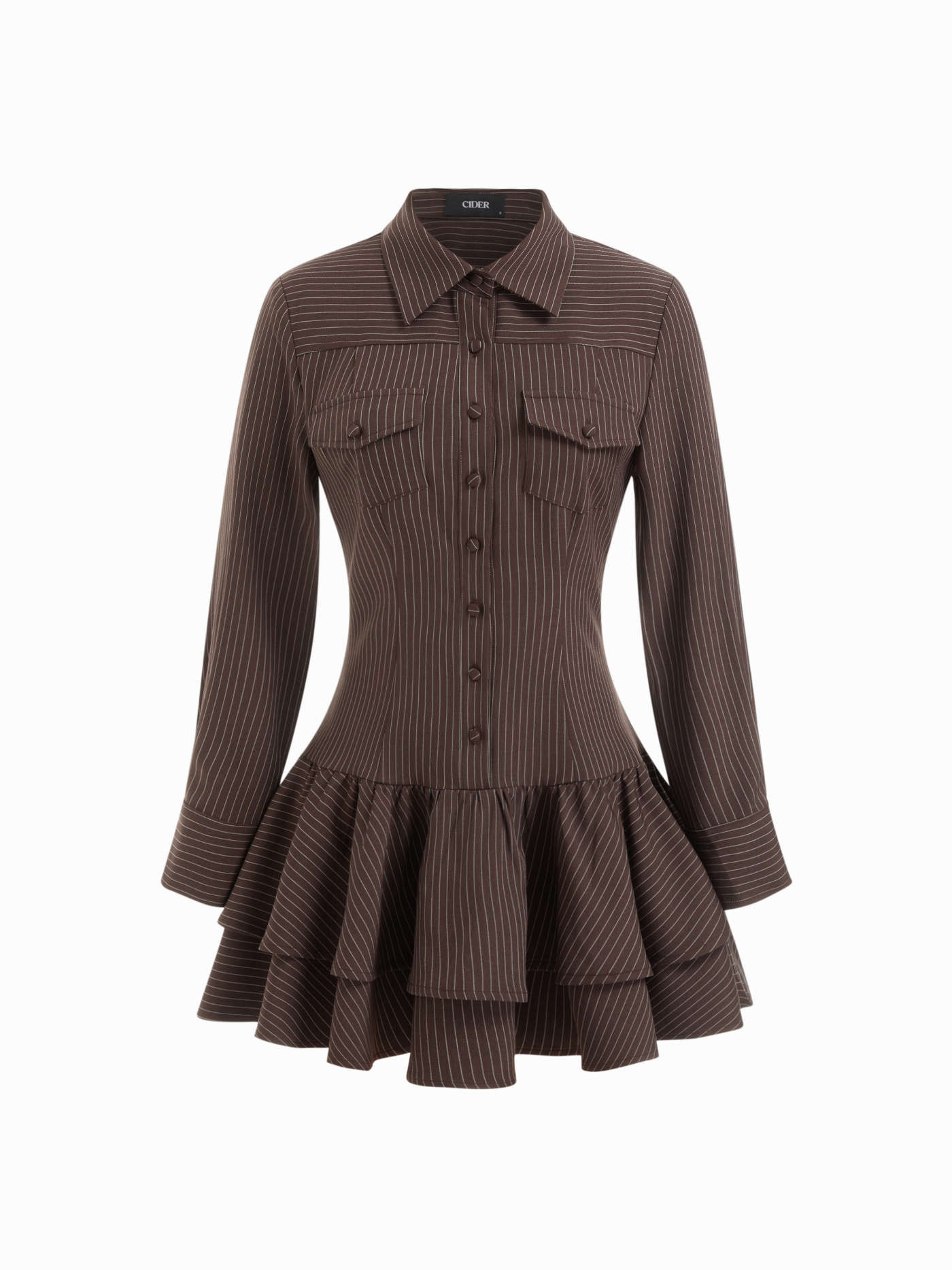 Woven Striped Collar Long Sleeve Button Lace Up Layered Mini Dress For Daily Casual | Cider