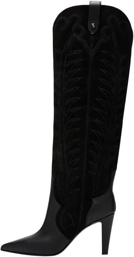 FSJ Women Pointed Toe Cowboy Boots Embroidered Chunky High Heel Knee High Boots Western Pull On F... | Amazon (US)