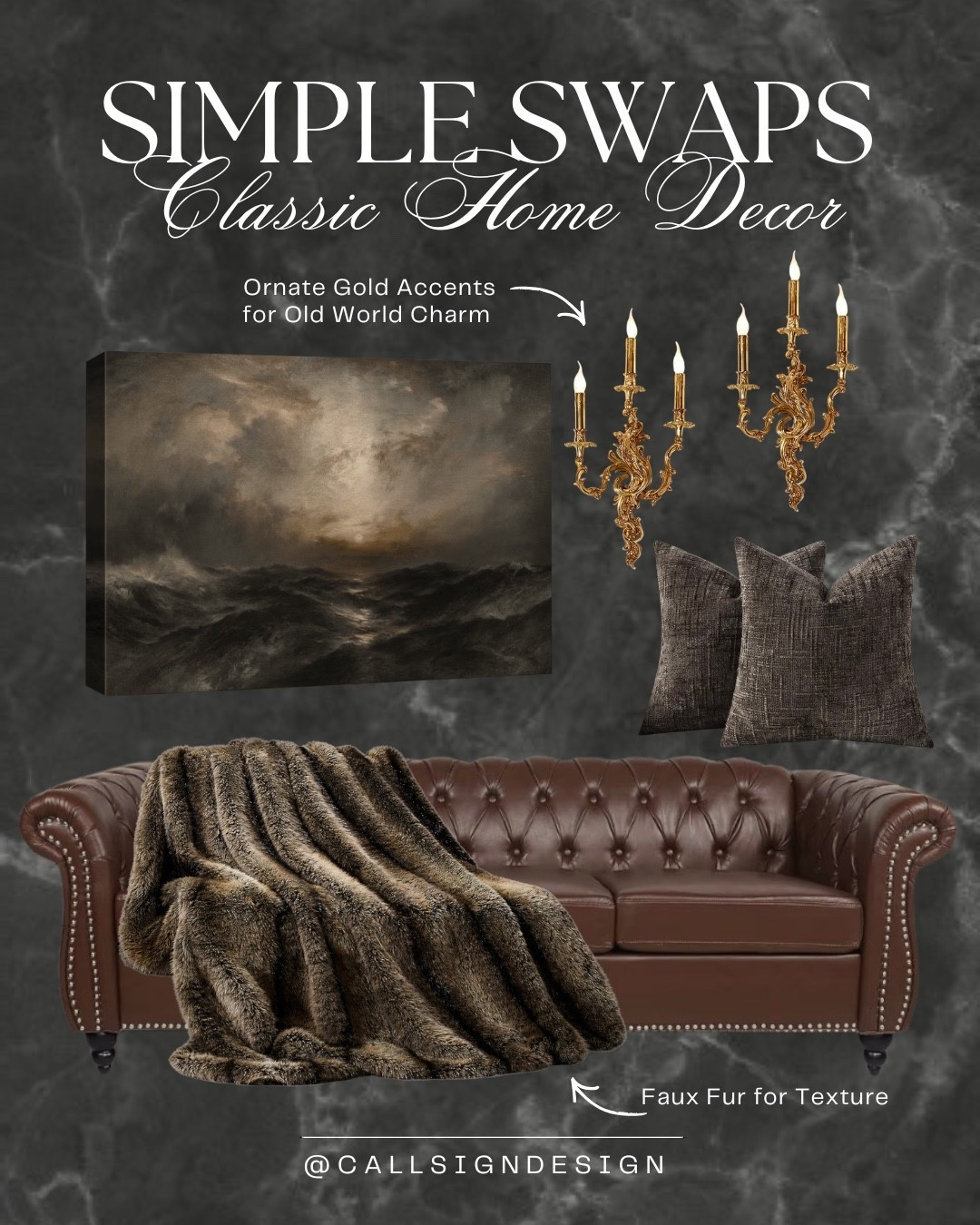 Dark and moody living room decor anchored by a classic Chesterfield couch and layered with a fur throw blanket, a moody ocean scape, and ornate gold wall sconces. Rich textures and dramatic details create a space that feels warm, storied, and effortlessly elevated. 🖤✨

 #MoodyInteriors #ChesterfieldSofa #DarkDecor #GoldAccents #TimelessStyle #HomeDecor #DesignDetails #callsigndesign