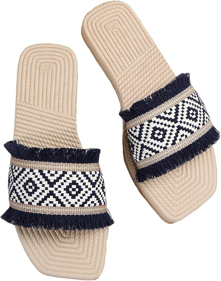Verdusa Women's Fringe Trim Square Open Toe Flat Summer Slide Sandals Beach Shoes | Amazon (US)