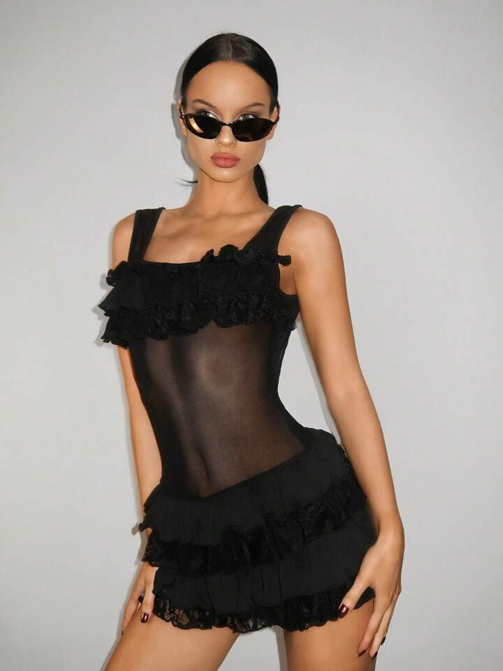 SHEIN ICON Backless Tie-Up Waist Ruffled Ballet Dress With Frill Trim | SHEIN