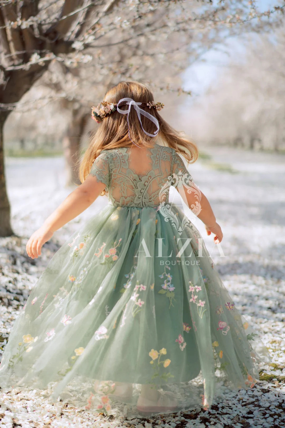 Sage Green Floral Embroidered Tulle Flower Girl Dress, Easter Girls Dress, Spring Flower Girl Dre... | Etsy (US)