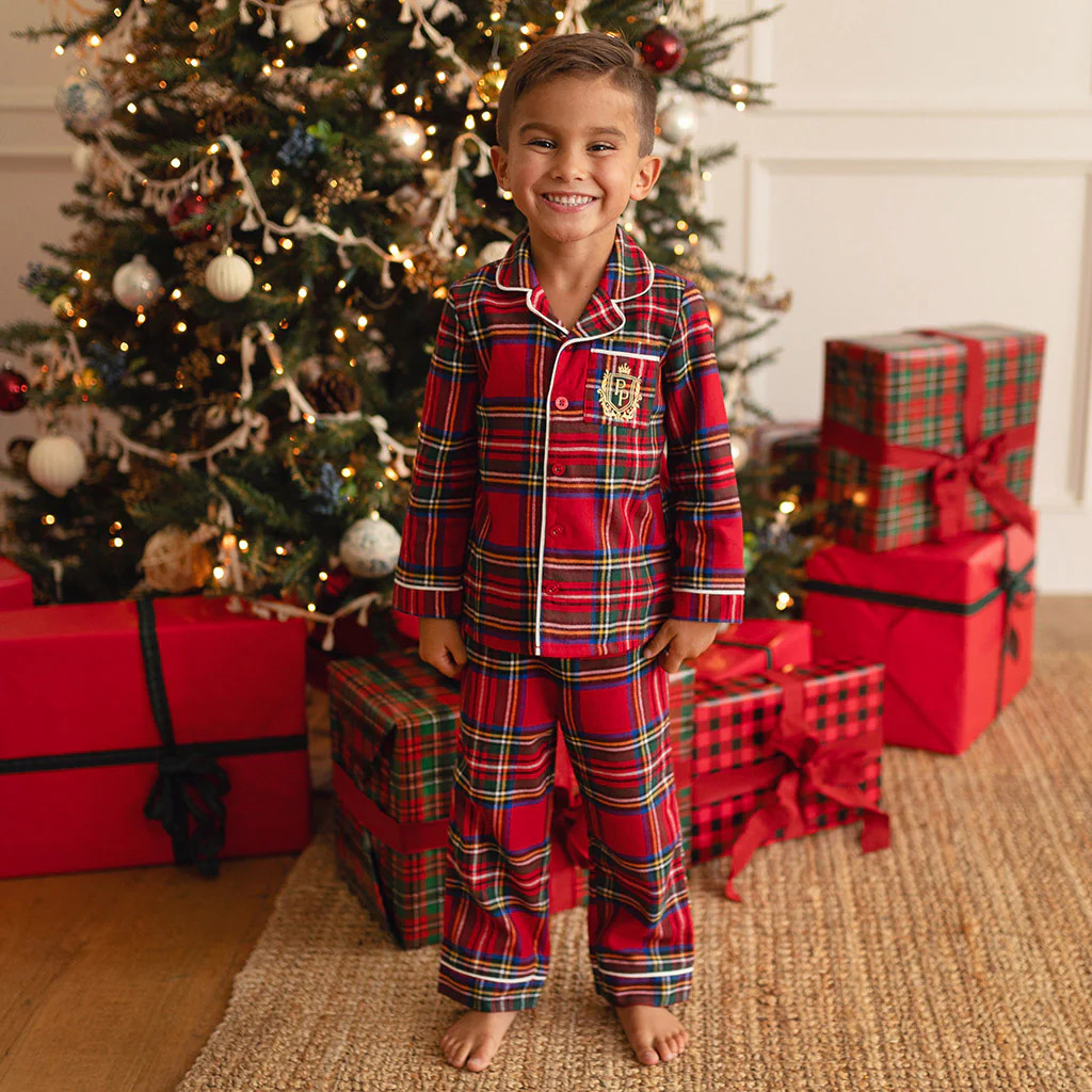 Plaid Red Flannelette Embroidered Pajamas | Red Tartan Plaid | Posh Peanut