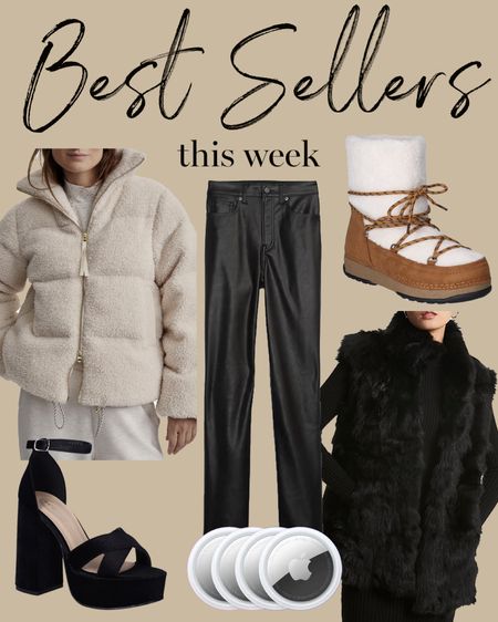 Kat Jamieson shares the best sellers for the week. Faux leather pants, fur vest, puffer jacket, winter boots, snow boots, platform heels, AirTags, luggage, travel, winter outfit. 

#LTKfindsunder50 #LTKfindsunder100 #LTKSeasonal