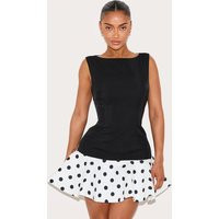 Shape Black Polkadot Boat Neck Wave Hem Mini Dress | PrettyLittleThing US