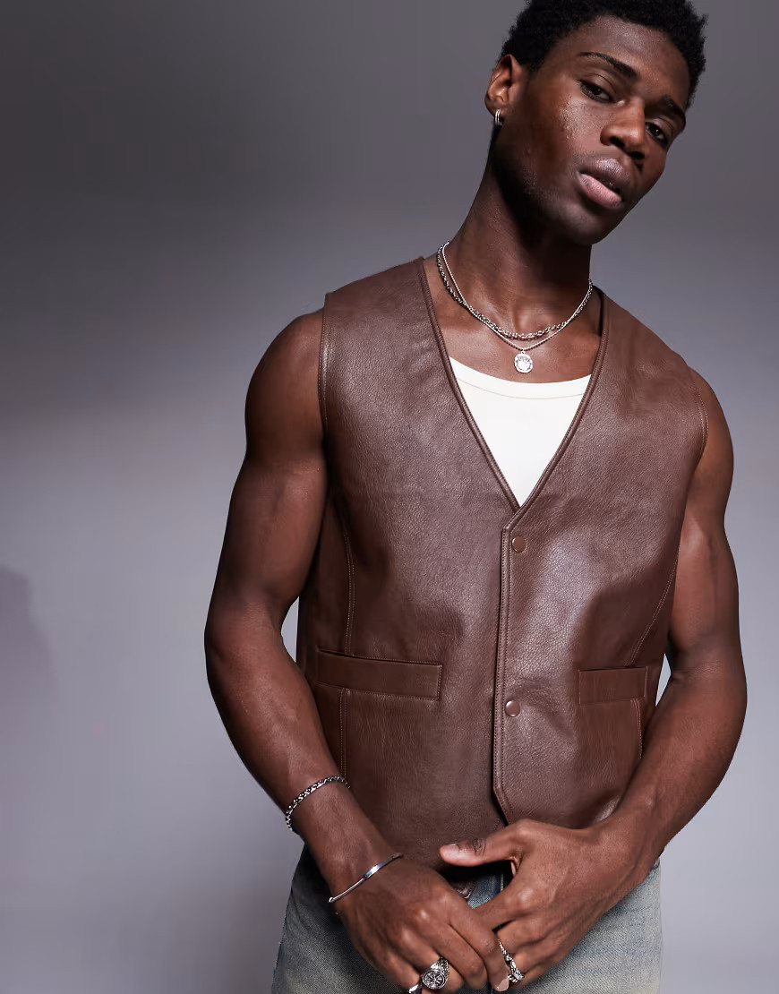 ASOS DESIGN faux leather vest in brown | ASOS (Global)