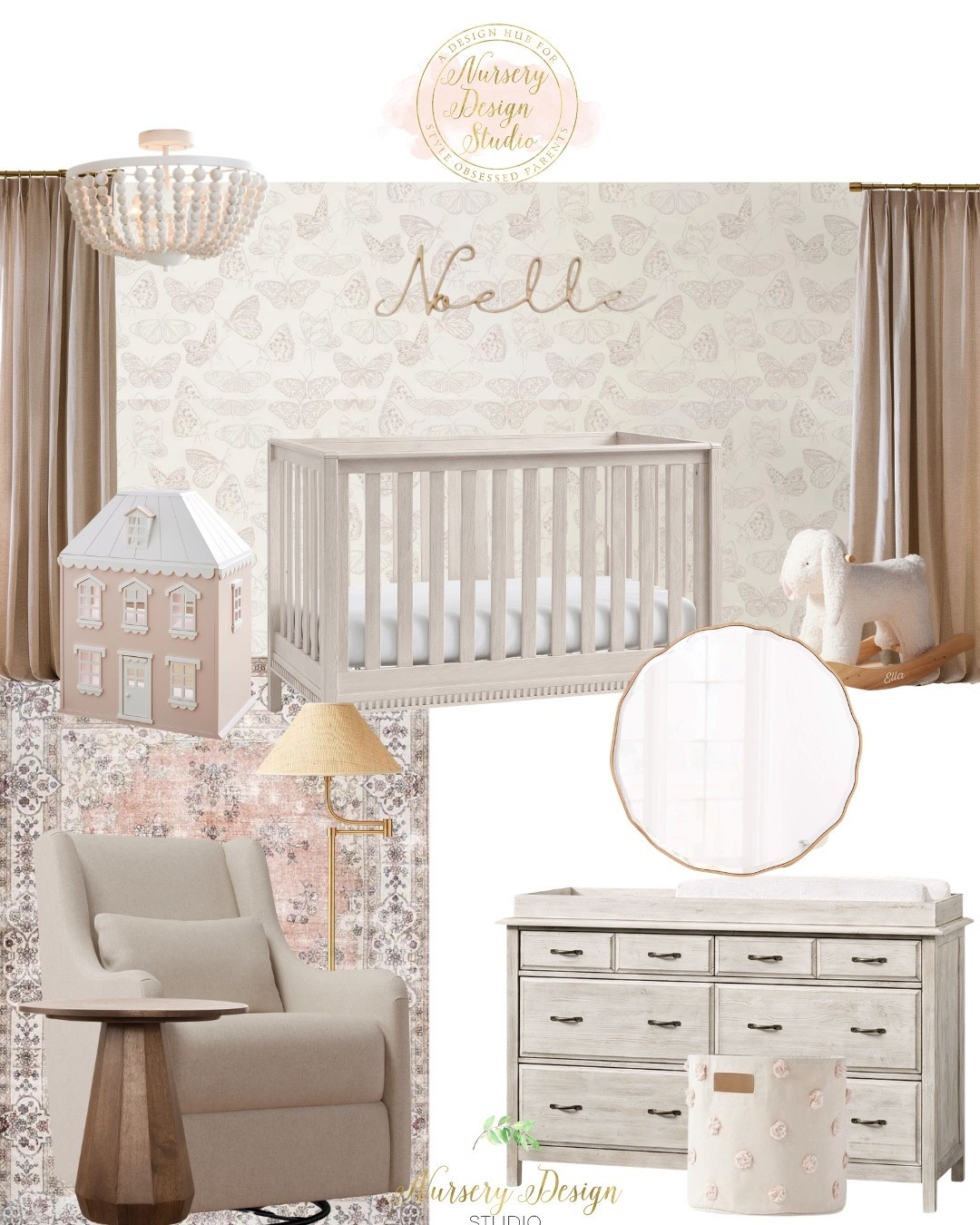 Shop Nelle’s nursery: an antique grey crib and matching dresser pair with an oatmeal swivel glider, vintage-inspired rug, scalloped mirror, soft taupe curtains, pom-pom baskets, and the sweetest sherpa rocker for a soft, romantic nursery.

#LTKBaby #LTKKids #LTKBump