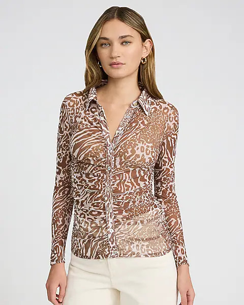 Mesh Leopard Print Long Sleeve Ruched Shirt | Express