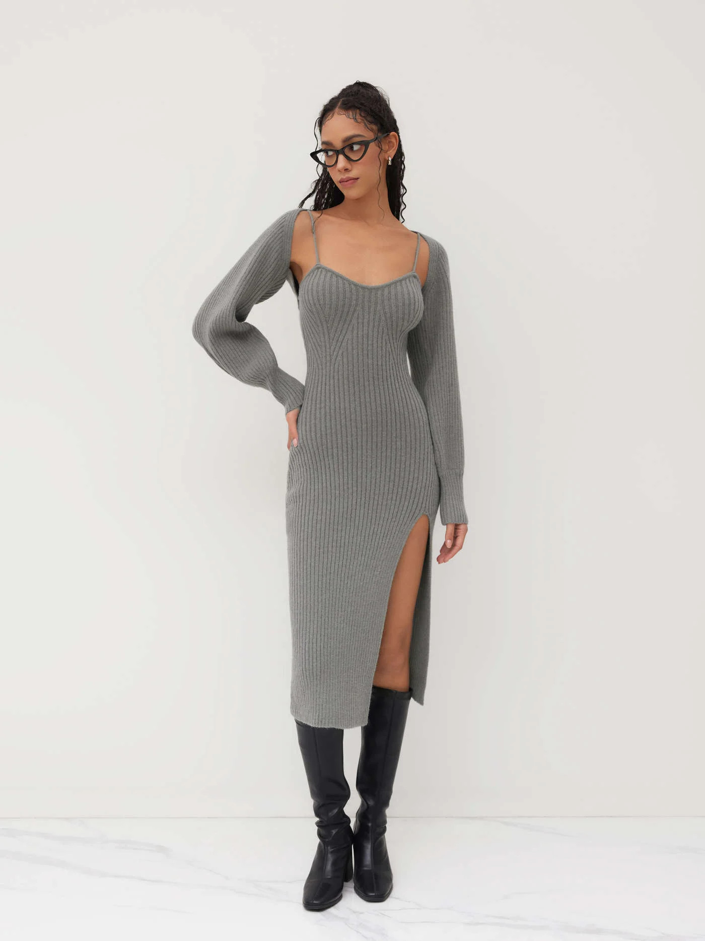 Knit Solid Cami Split Midi Dress & Shrug | Cider