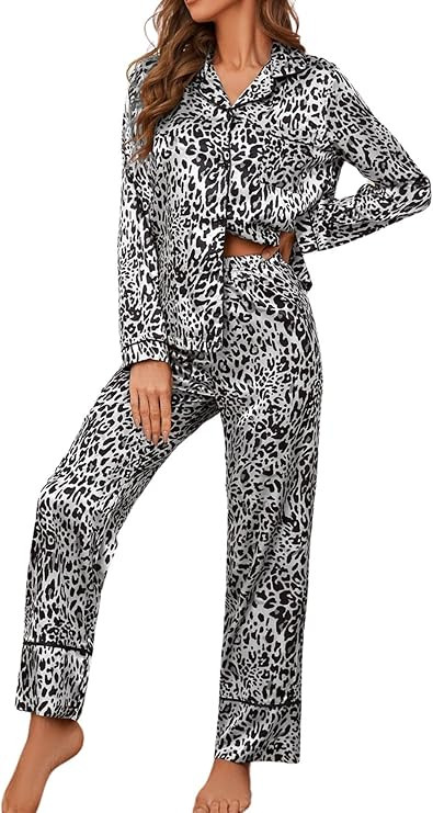 Womens Leopard Print Silk Satin Pajama Sets Long Sleeve Sleepwear Button Down Pj Set 2 Piece Loun... | Amazon (US)