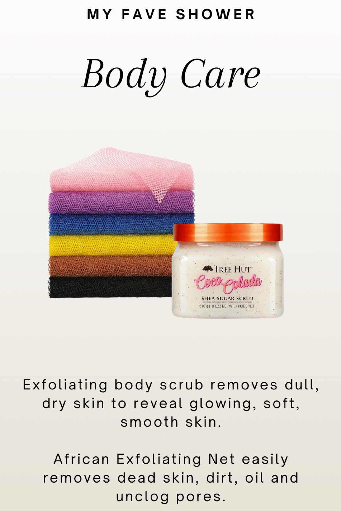 Body care favorites for the ultimate self-care routine! ✨ African net sponges for the perfect exfoliation, luxurious body scrubs for silky smooth skin, and all my go-to beauty products linked for the full routine. Because feeling fresh and pampered is a must! 🛁💖

 Follow for more @OPERATION_NIKI on IG, TikTok, & Facebook sahm, amazon finds, home essentials, beauty closet, mom bag, organized home, mom purse, cleaning must haves, cleaning tips, organization, skincare bag, bedroom clean, cleaning, organization, cleaning tools, house clean, odors, house spray, winter beauty, self care, self care products, valentines gift ideas, valentines

#LTKItBag #LTKGiftGuide #LTKBeauty