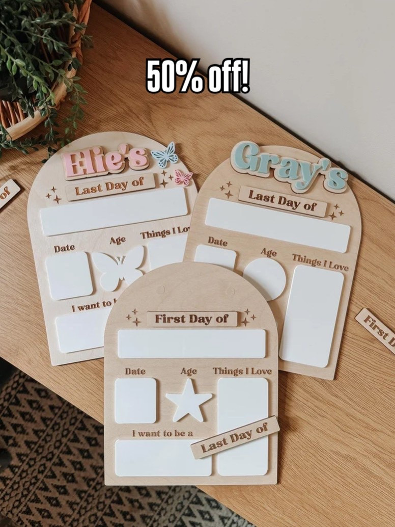 📚 Back-to-school memories made easy ✏️🤍

One of my favorite traditions is taking a photo on the first and last day of school each year. These personalized reusable boards make it so easy to look back and see how much they’ve grown.

✨ Personalized with your child’s name
✨ Reusable year after year
✨ Handmade from wood + acrylic

🎉 They’re currently 50% OFF! The discount is automatically applied at checkout—no code needed.

Perfect for preschool through elementary school and makes such a sweet keepsake. 🤍

#LTKKids #LTKFamily #BackToSchool #SchoolPhotos #FirstDayOfSchool #MomLife #PersonalizedGifts #SmallBusiness #HandmadeDecor #BackToSchoolStyle

#LTKSaleAlert #LTKKids #LTKmomlife