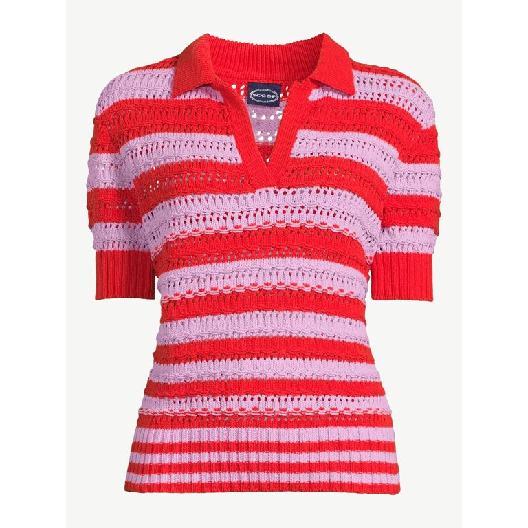 Scoop Women's Openwork Crochet Stripe Polo - Walmart.com | Walmart (US)