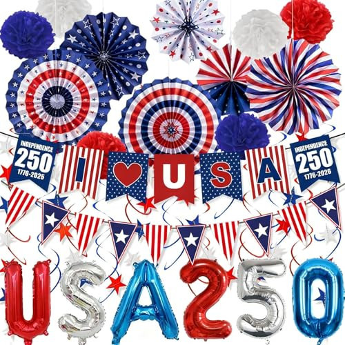 32PCS 4th of July Decorations, 250th Memorial Day Red White Blue Paper Fans Decorations, 4th of July Banner Pompom Garland and Hanging Swirls Set for Fourth of July Independence Day Decor | Amazon (US)