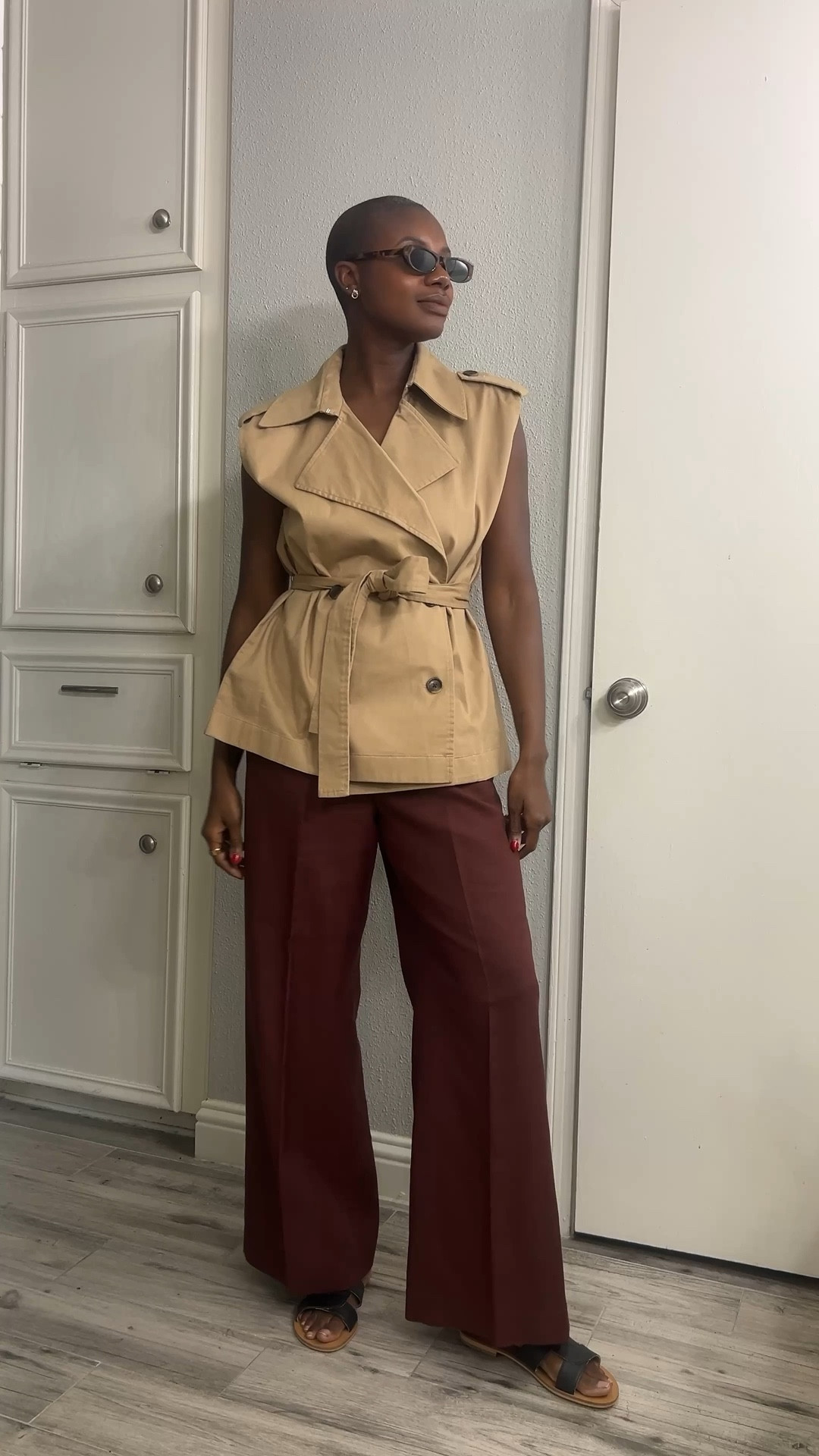 Workwear outfits! Belted trench vest, pull on linen pants in red brown, black sandals, mixed metal earrings, merit beauty blush (persimmon) , lipstick (bespoke) with Lancôme all over concealer. ￼

#LTKBeauty #LTKmorningroutine