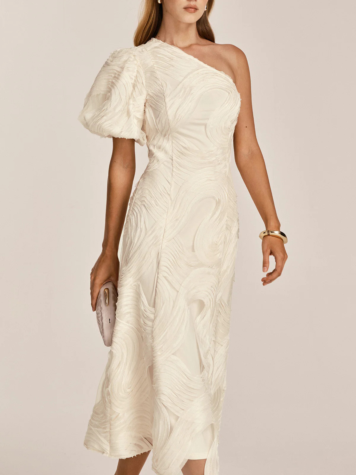 One Shoulder Textured Ruffled Mesh Midi Dress | Commense