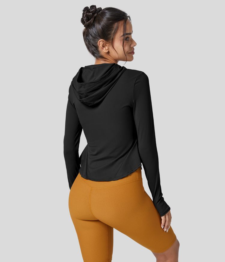 Women’s Cloudful™ Air Fabric Zipper Long Sleeve Thumb Hole Ruffle Hem Hooded Slim Cool Touch ... | HALARA