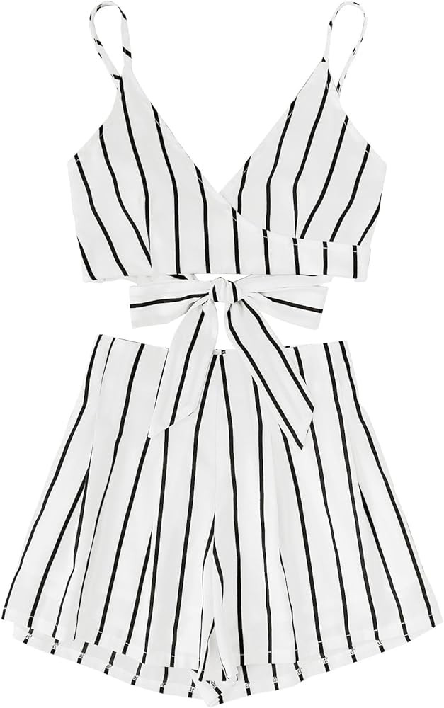 Women's 2 Piece Outfit Summer Striped V Neck Crop Cami Top with Shorts | Amazon (US)
