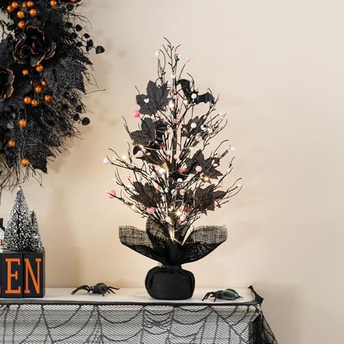 Glitzhome 20" H Halloween Trees with Light, Spooky Black Halloween Tree, Pre-lit Halloween Table Decor with Pink and White Berries for Table, Window, Shelf and Mantle | Amazon (US)