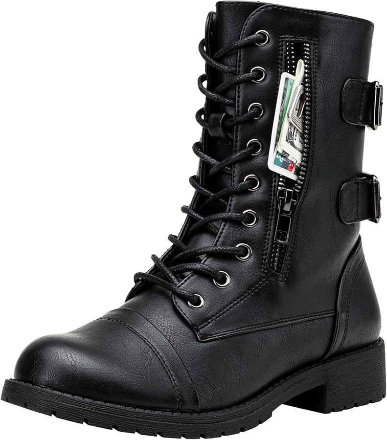 Vepose Women's Combat Boots Low Heel, Mid Calf Military Boots with Card Knife Wallet Pocket | Amazon (US)