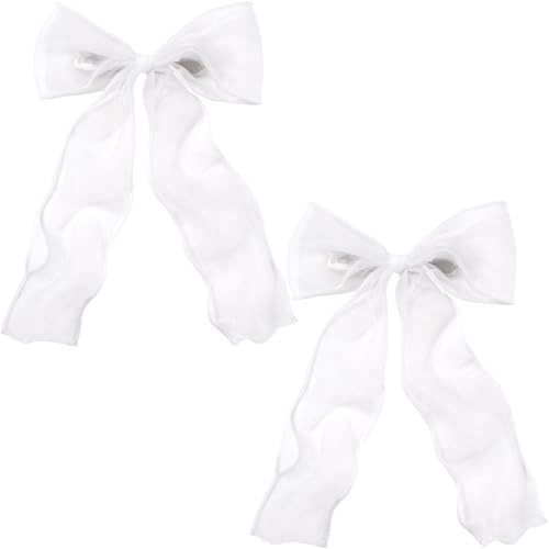 STSTR 2Pcs Large Hair Bow Clips, White Silk Yarn Ribbon Bow Hair Barrette for Women, Elegant Long Tail Bowknot French Hair Accessories for Wedding, Parties, Festivals - Style 4 | Amazon (US)