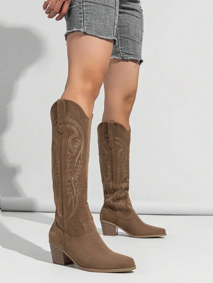 Women's Pointed Toe Chunky Heel Western Style Knee High Riding Boots & Winter Warm Boots | SHEIN