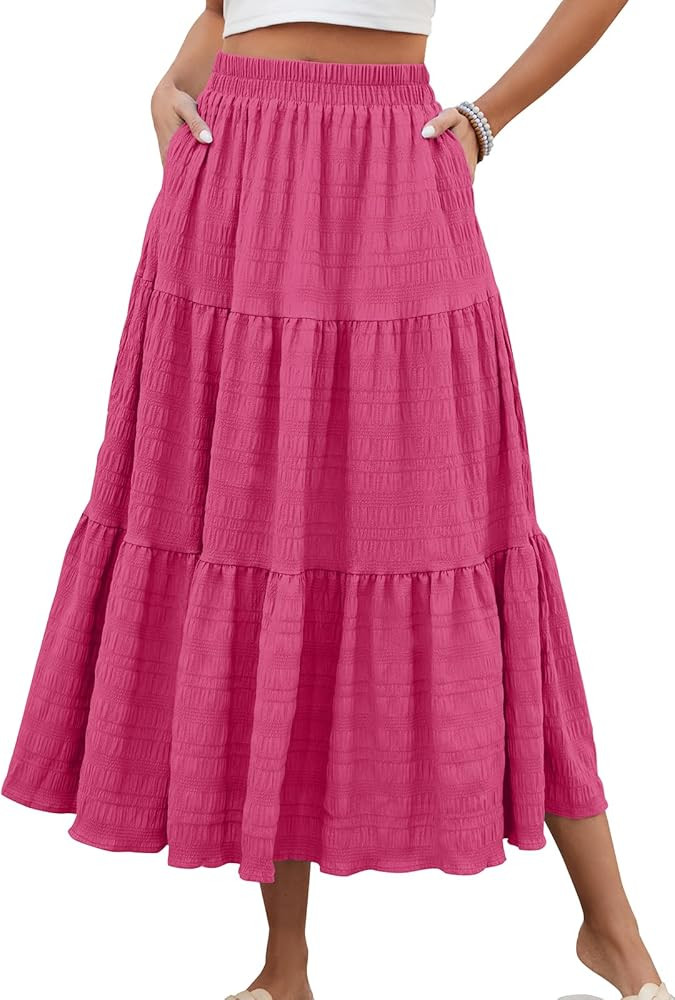 HUSKARY Women's Summer Casual Elegant Smock Layered Tiered Maxi Skirt High Waisted A Line Flowy L... | Amazon (US)