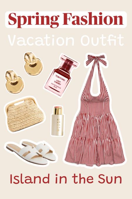 The perfect vacation dress that you could dress up or just wear over your swimsuit. 😊🍒 #traveloutfit #vacationoutfit #dress #perfume #whitesandals #purse #goldearrings #frankiesbikinis 

#LTKswim #LTKtravel #LTKshoecrush