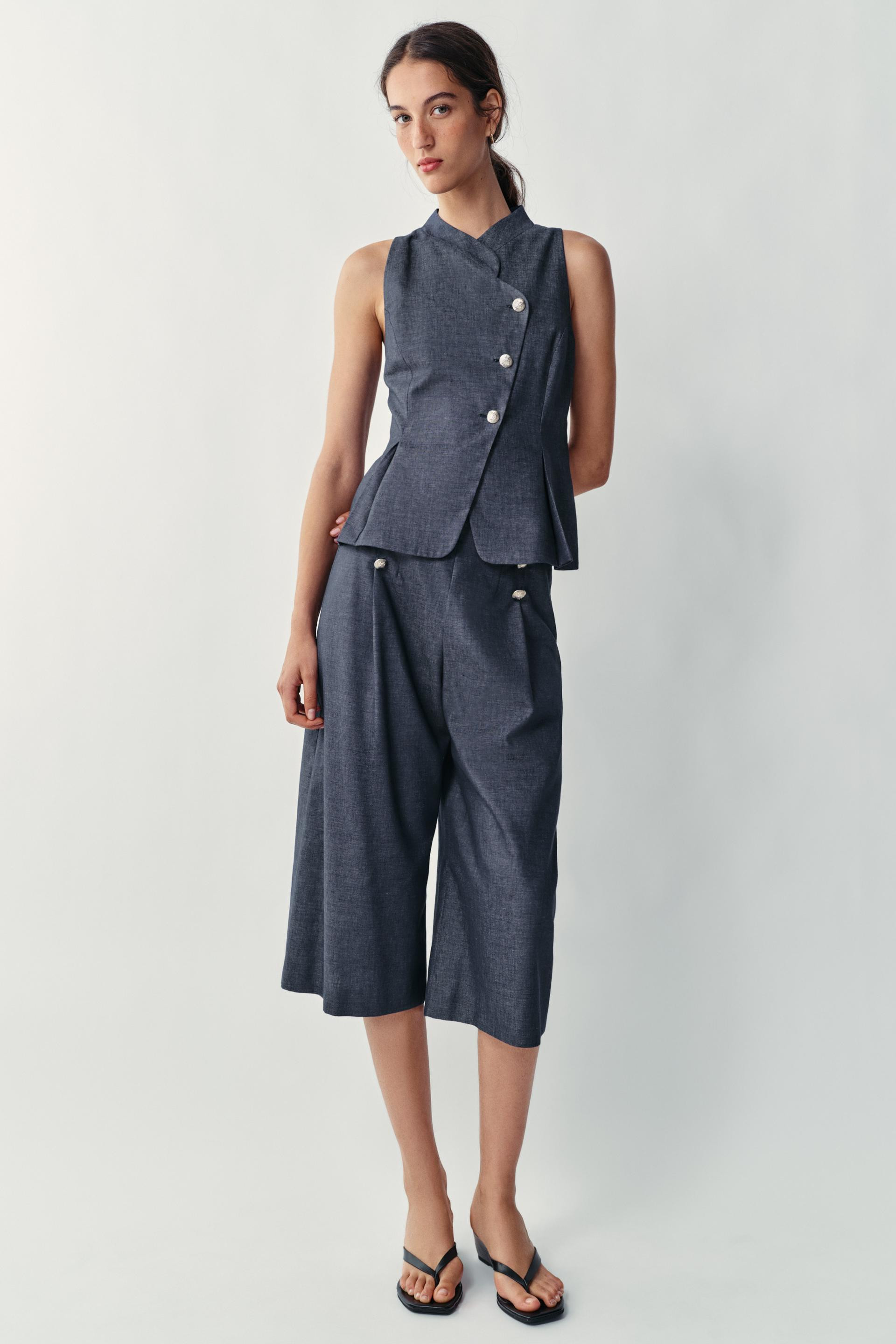Zara - Linen Double Breasted Vest - Indigo - S - Woman | Zara US