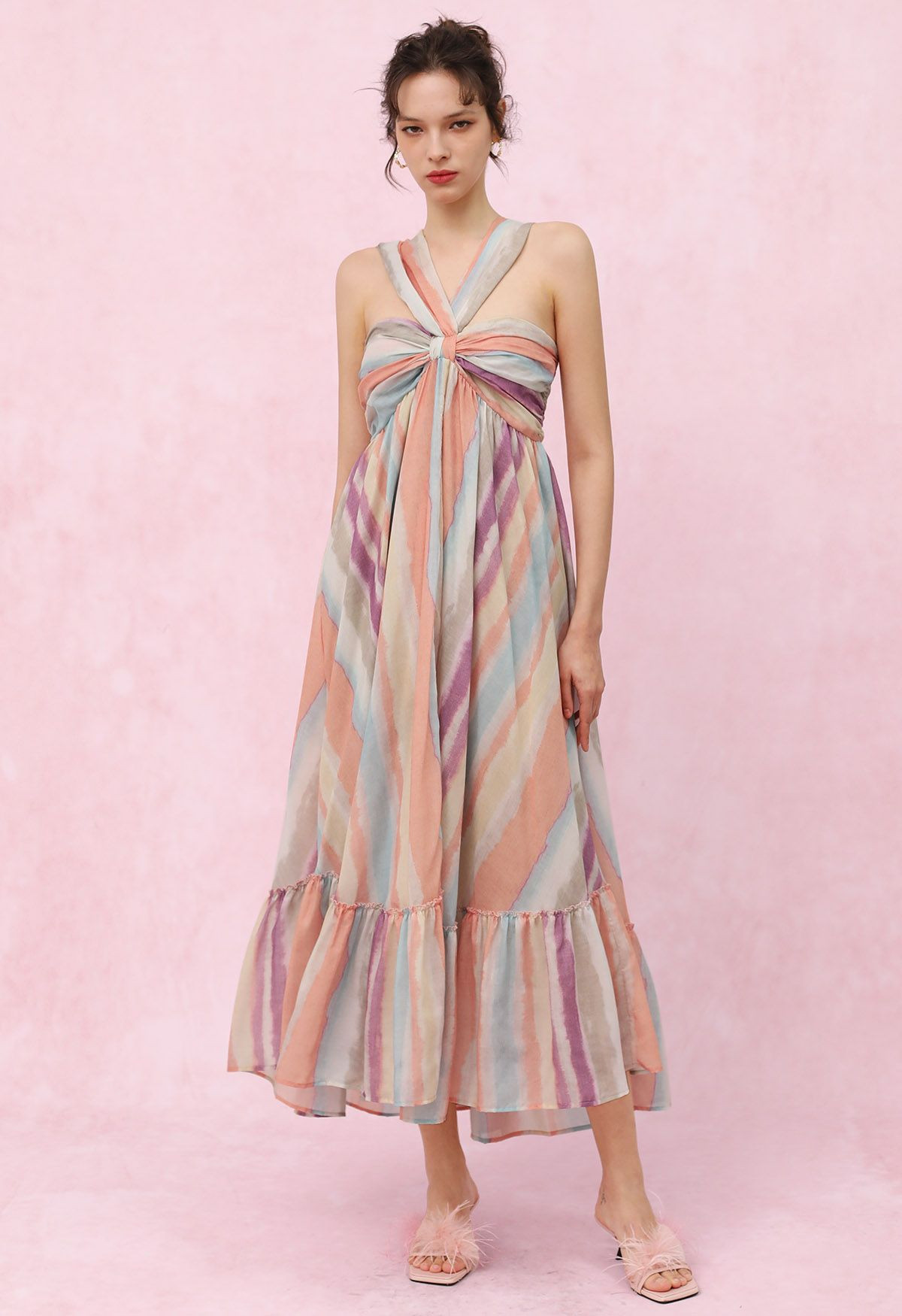 Rainbow Stripe Halter Neck Asymmetric Dress | Chicwish