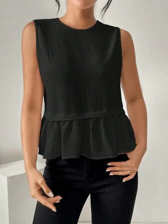 SHEIN Essnce Women's Spring/Summer Woven Casual Sleeveless Shirt With Ruffled Hem | SHEIN