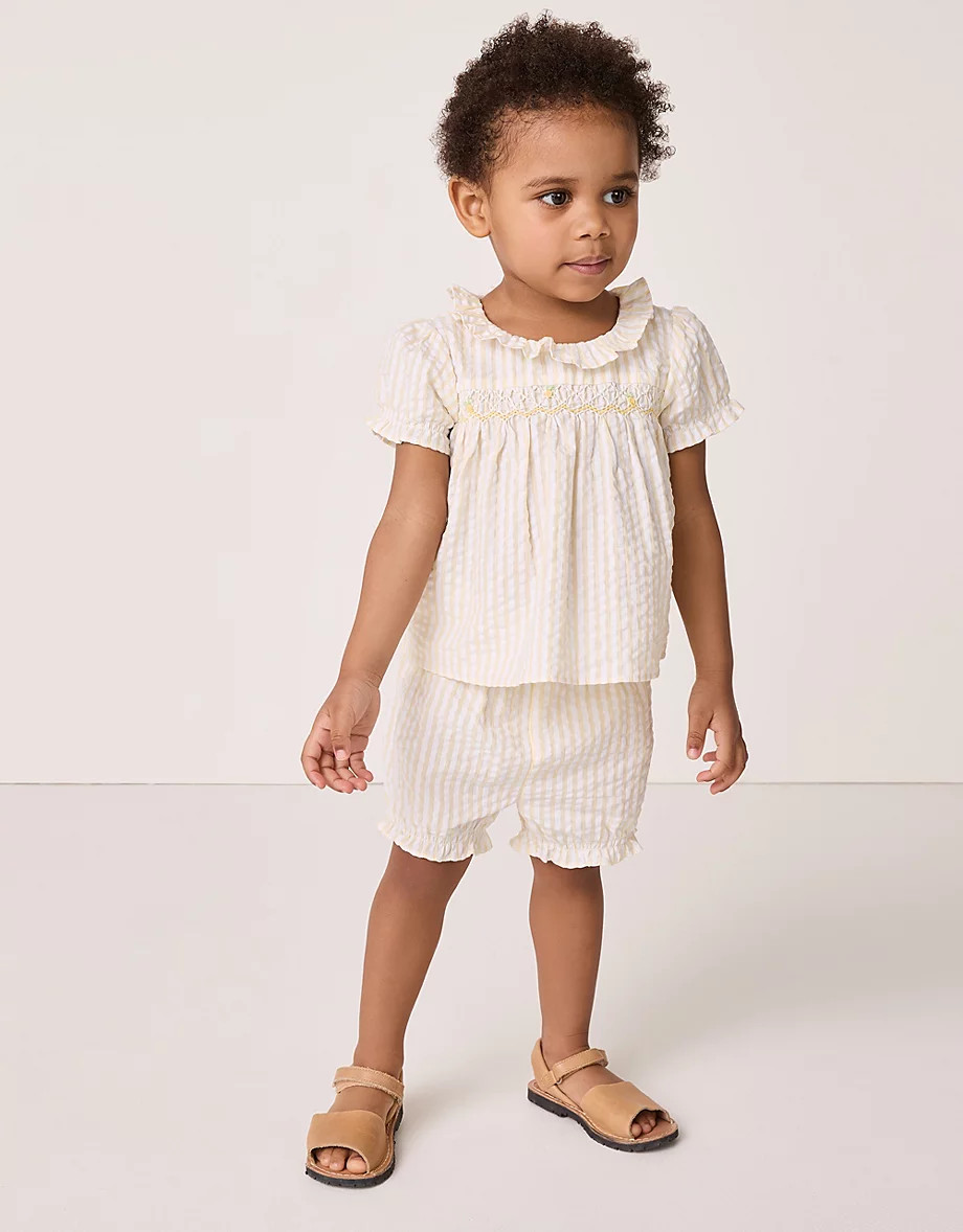 Organic Cotton Seersucker Hand Smocked ‘Lemon’ Top & Bloomers Set (0–24mths) | The White Company UK & ROW
